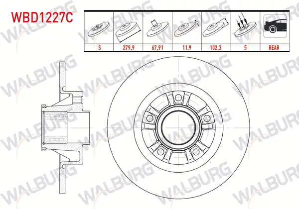 WALBURG WBD1227C | Fren Diski Arka Düz Kaplamalı 5 Bjn 280x12x67 92x102 2 Porya 2 Adet