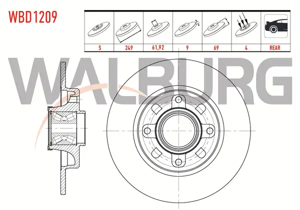 WALBURG WBD1209 | Fren Diski Arka Düz 4 Bjn 249x9x61 92x67 1 Peugeot 208 2 Adet