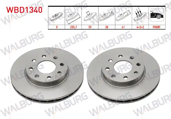 WALBURG WBD1340 | Fren Diski Ön Havalı 4 Bjn 235 7x20x59x41 Chevrolet Kalos T200 1 2 1 4 2003 2008 Aveo T250 1 2i 1 4i 2006 2011 2 Adet