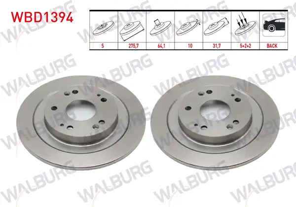 WALBURG WBD1394 | Fren Diski Arka Düz 5 Bjn 275 7x10x64 1x31 7 Honda Civic Ix 1 6 İ Dtec 16 Jant 2012 2016 2 Adet