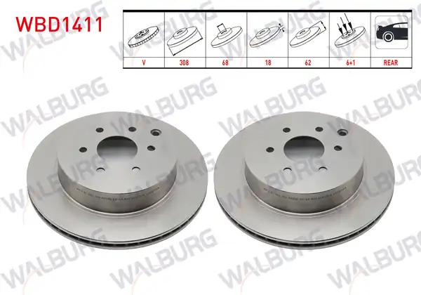 WALBURG WBD1411 | Fren Diski Arka Havalı 6 Bjn 308X18x68x62 Nissan Navara (D40) 2.5 DCI 2005-2015 / Nissan Pathfinder (R51) 2.5 DCI 2005-| 2 Adet