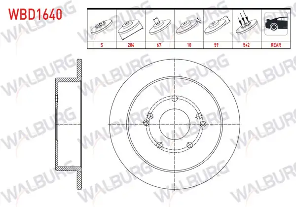 WALBURG WBD1640 | Fren Diski Arka Düz 5 Bjn 284X10x67x59 Ssangyong Korando 2.0 4Wd 2010-/ Tıvolı 1.6 Xdı 4Wd 2015-| 2 Adet
