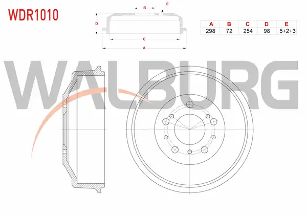 WALBURG WDR1010 | Fren Kampanası Arka 5 Delik 298x72x254x98 14q Fiat Ducato