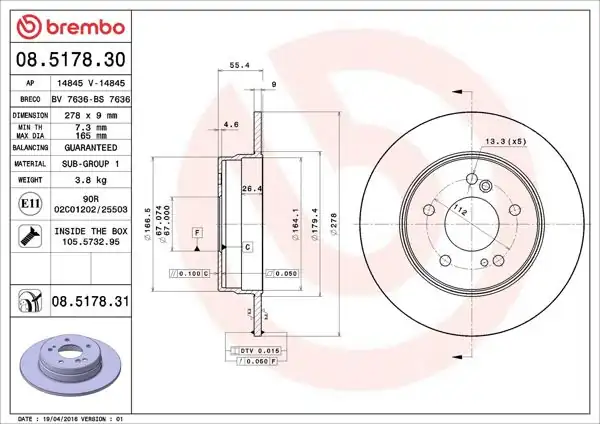 BREMBO 08.5178.30 | Fren Diski Arka Mercedes W124/W202/W203/W210 85-08