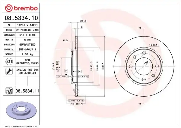 BREMBO 08.5334.10 | Fren Diski Arka Standard Peugeot | 2 Adet