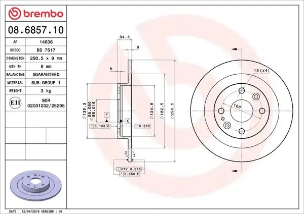 BREMBO 08.6857.10 | Fren Diski Arka Standard Mazda | 2 Adet