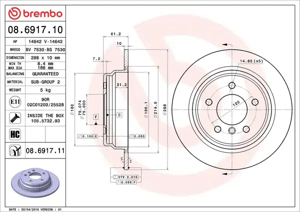 BREMBO 08-6917-11 | Fren Diski Arka Düz Bmw E39 520i 96 03 Kaplamalı 2 Adet