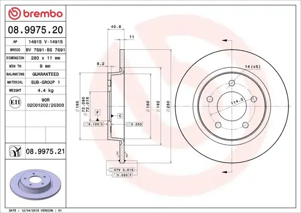 BREMBO 08.9975.21 | Fren Diski Arka Düz-(280-5)-(Mazda-3 03 / 07 2.0 / Mazda-5 05 / /) | 2 Adet