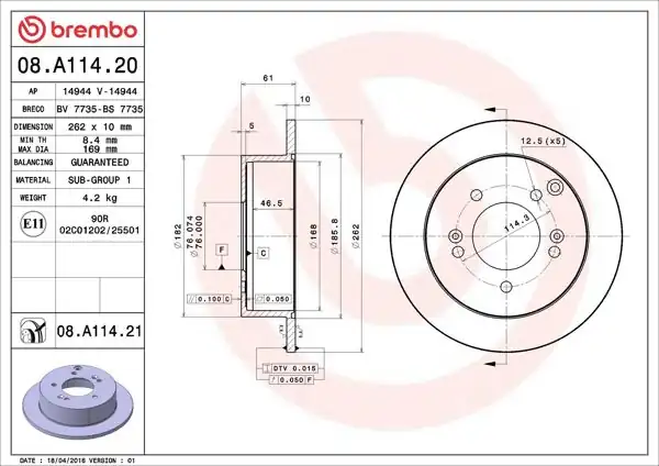 BREMBO 08.A114.20 | Fren Diski Arka Standard Hyundai | 2 Adet