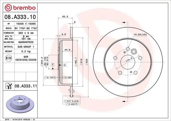 BREMBO 08.A333.11 | Fren Diski Arka UV Coated Toyota | 2 Adet