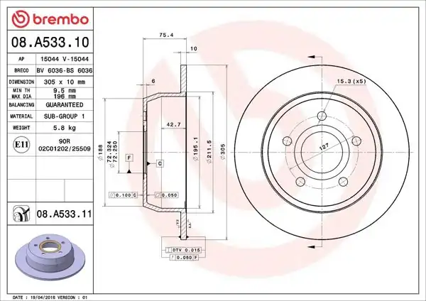 BREMBO 08.A533.11 | Fren Diski Arka Düz 305 mm UV Coated (Jeep Cherokee) | 2 Adet