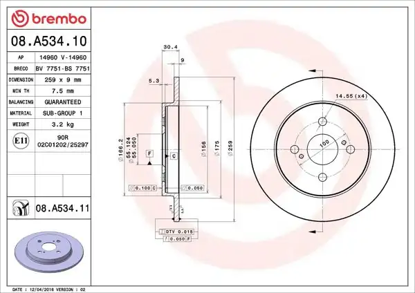 BREMBO 08.A534.11 | Fren Diski Arka UV Coated Toyota | 2 Adet