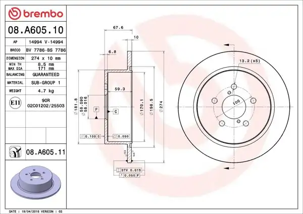 BREMBO 08.A605.11 | Fren Diski Arka UV Coated Subaru | 2 Adet