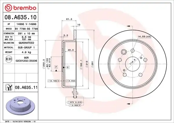 BREMBO 08.A635.11 | Fren Diski Arka UV Coated Lexus | 2 Adet