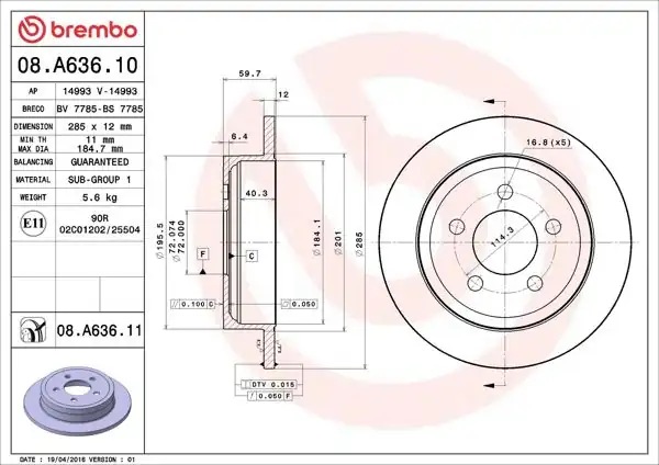 BREMBO 08.A636.10 | Fren Diski Arka Standard Jeep | 2 Adet