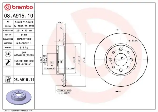 BREMBO 08.A915.10 | Fren Diski Arka Standard Alfa Romeo Mito 08> | 2 Adet