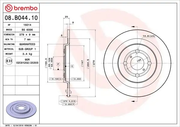 BREMBO 08.B044.10 | Fren Diski Arka Standard Toyota | 2 Adet