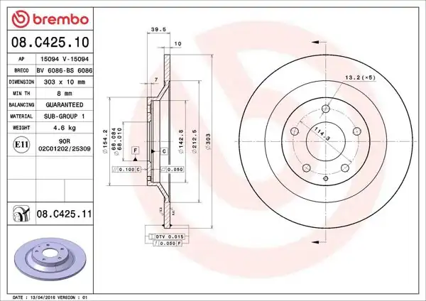 BREMBO 08.C425.11 | Fren Diski Arka UV Coated (Mazda Cx-5 2.0 11 /) | 2 Adet