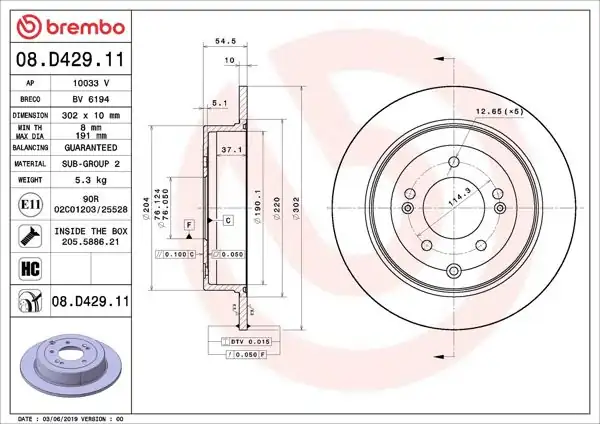 BREMBO 08.D429.11 | Fren Diski Arka UV Coated Hyundai | 2 Adet