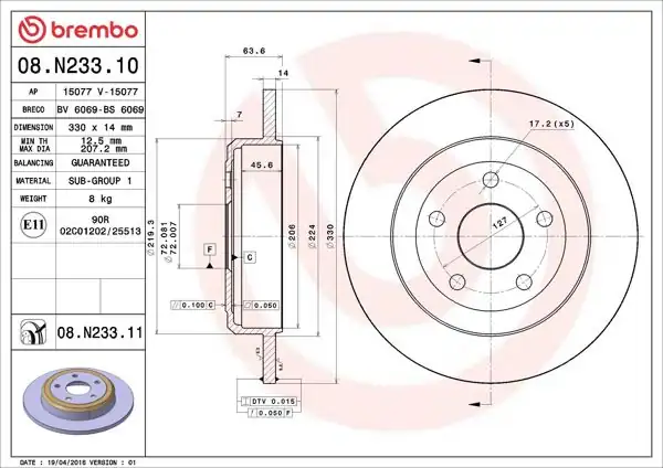 BREMBO 08.N233.11 | Fren Diski Arka UV Coated Jeep | 2 Adet