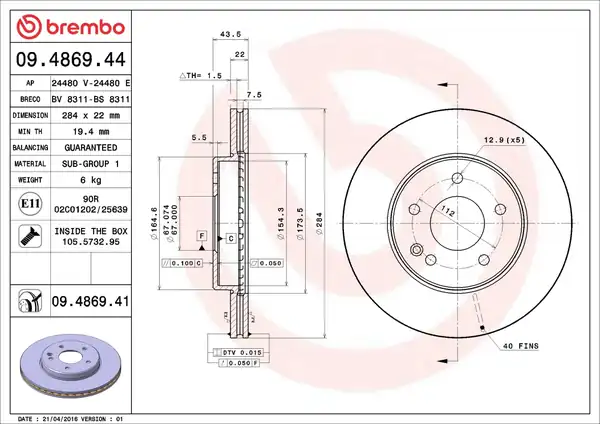 BREMBO 09-4869-41 | Fren Diski Ön Mercedes Benz W202 93 01 284mm UV Coated