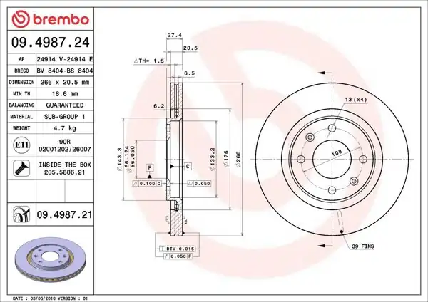 BREMBO 09.4987.24 | Fren Diski Ön Standard Peugeot | 2 Adet