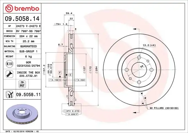 BREMBO 09.5058.14 | Fren Diski Ön Standard Fiat/Punto 1.9 JTD Tipo Alfa 145/146/155 | 2 Adet