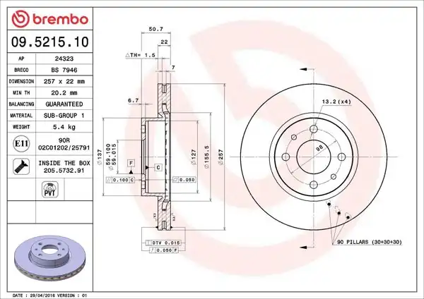 BREMBO 09.5215.10 | Fren Diski Ön Standard Alfa Romeo | 2 Adet