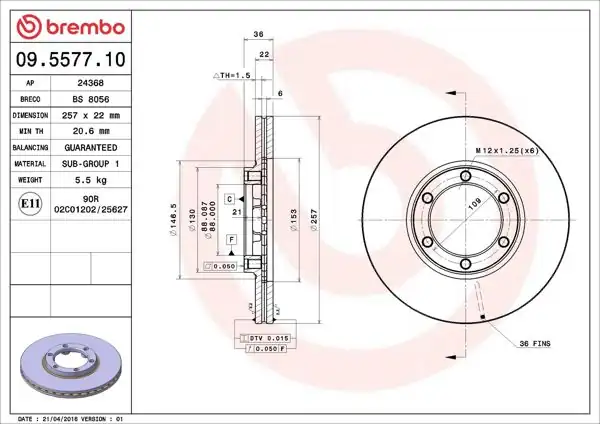 BREMBO 09.5577.10 | Fren Diski Ön Standard Opel | 2 Adet