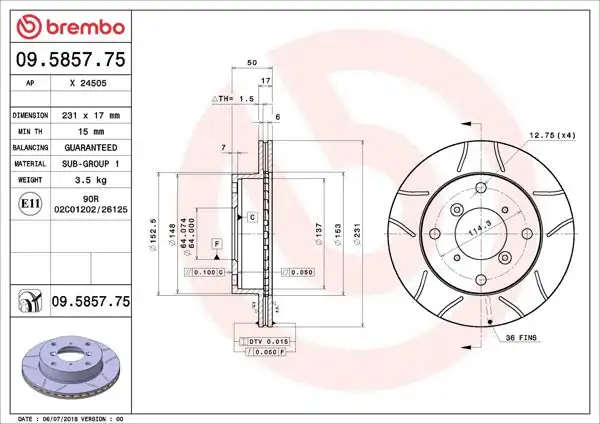 BREMBO 09.5857.75 | Fren Diski Ön Max Subaru | 2 Adet