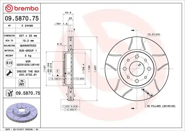 BREMBO 09.5870.75 | Fren Diski Ön Havalı 257.4 mm (Fiat Albea-Palio-Doblo -) Xtra Line-Max Çızgılı