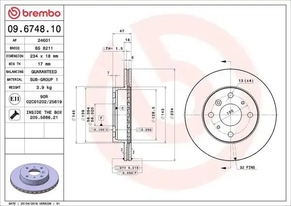 BREMBO 09.6748.10 | Fren Diski Ön Standard Daihatsu | 2 Adet