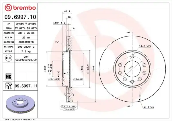 BREMBO 09.6997.11 | Fren Diski Ön Arka UV Coated Chevrolet | 2 Adet