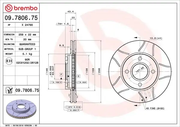 BREMBO 09.7806.75 | Fren Diski Ön (258mm) (Ford Focus 98-02-Fiesta 02 -) (Mazda 2 03 -) Max | 2 Adet
