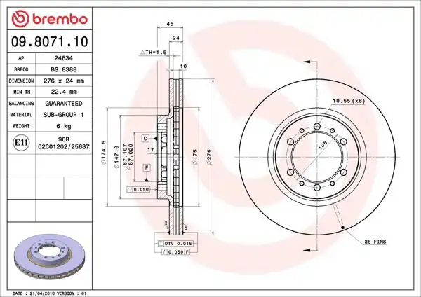 BREMBO 09.8071.11 | Fren Diski Ön UV Coated Mitsubishi | 2 Adet