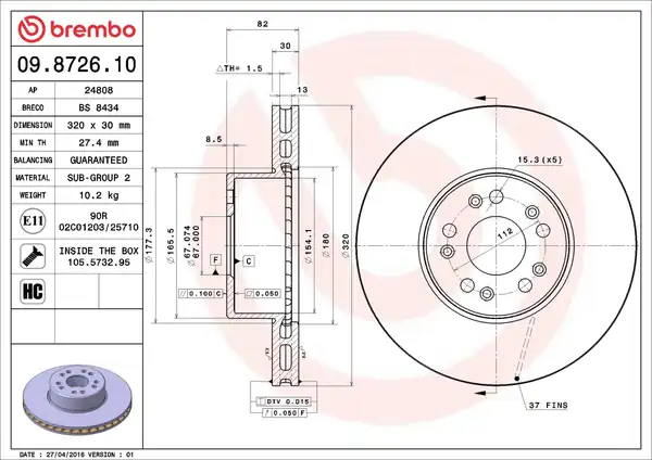BREMBO 09-8726-10 | Mercedes W140 300 400 500 600 Ön Havalı 320 mm Fren Diski 2 Adet
