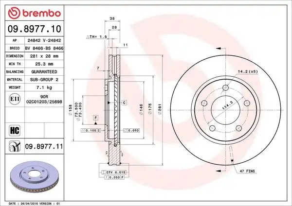 BREMBO 09.8977.10 | Fren Diski Ön Chrysler | 2 Adet