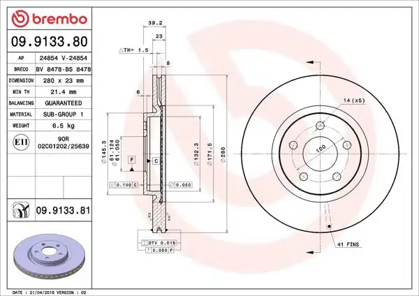 BREMBO 09.9133.81 | Fren Diski Ön UV Coated Chrysler | 2 Adet