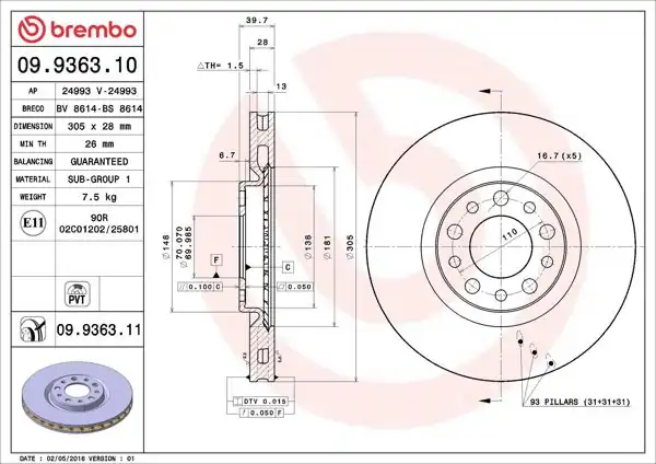 BREMBO 09.9363.11 | Fren Diski Ön UV Coated Alfa Romeo Jeep Renegade 14> 4x4 1.4/1.6/2.0 CRD