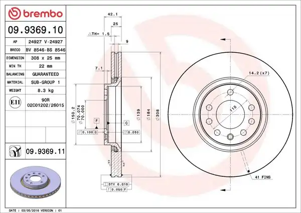 BREMBO 09.9369.10 | Fren Diski Ön 308mm (Opel Zafira Astra G H Saab)