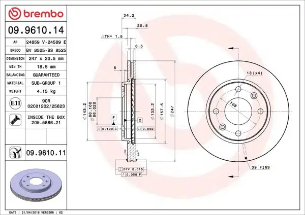 BREMBO 09.9610.11 | Fren Diski Ön UV Coated Peugeot | 2 Adet