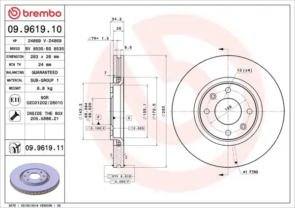 BREMBO 09.9619.11 | Fren Diski Ön UV Coated Opel | 2 Adet