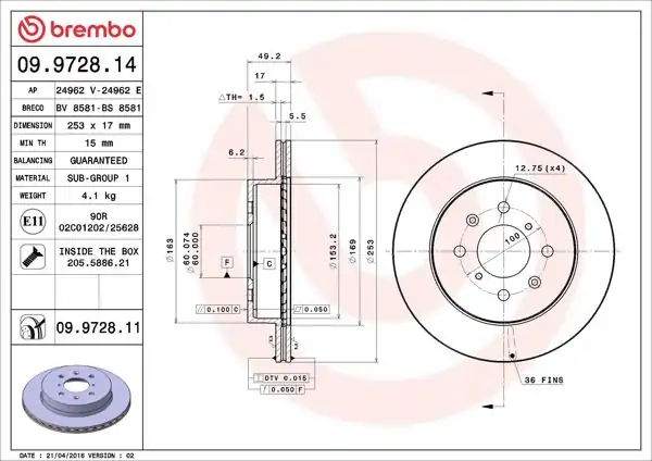 BREMBO 09.9728.11 | Fren Diski Ön UV Coated Opel | 2 Adet