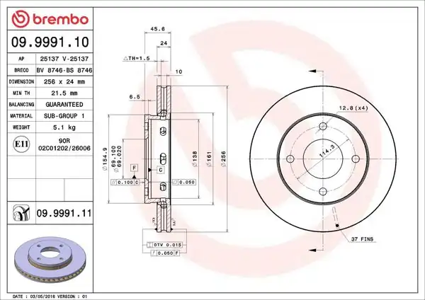 BREMBO 09.9991.11 | Fren Diski Ön UV Coated Mitsubishi | 2 Adet