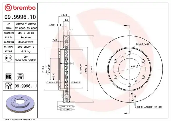 BREMBO 09.9996.11 | Fren Diski Ön UV Coated Mitsubishi | 2 Adet