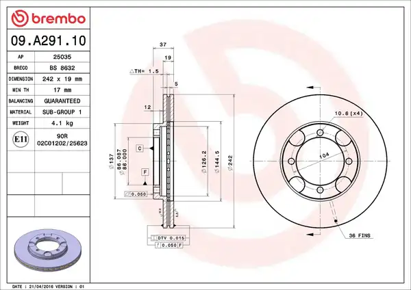 BREMBO 09-A291-10 | Fren Diski Ön Havalı Hyundai Excel Accent 1 3 1 5 1994 2000242 4 2 Adet
