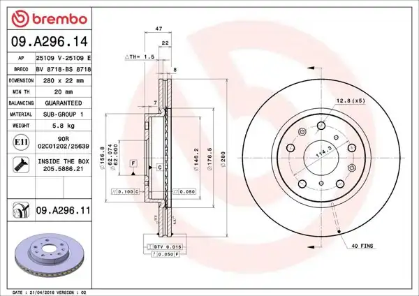 BREMBO 09.A296.14 | Fren Diski Ön Standard Fiat | 2 Adet