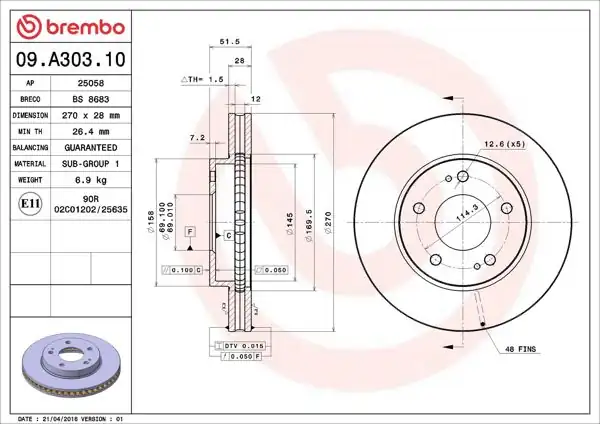 BREMBO 09.A303.10 | Fren Diski Ön Mitsubishi L200 2005-/ 270×5 | 2 Adet