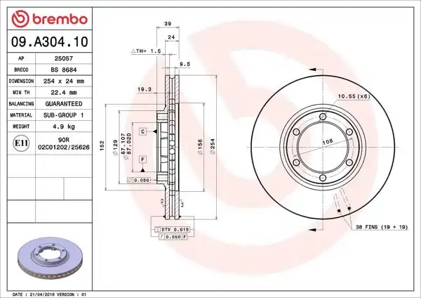 BREMBO 09.A304.10 | Fren Aynası On Havalı Mitsubishi L200 00-05 255×6 | 2 Adet