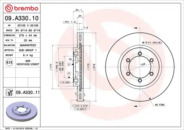 BREMBO 09.A330.11 | Fren Diski Ön Havalı Ssangyong Musso 96-05 Korando 96-05 Daewoo Musso 96-05278×6 | 2 Adet